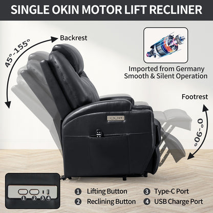 Poltrona reclinabile nera Okin Motor Lift con massaggio vibrante a 8 punti, riscaldamento lombare, doppio portabicchieri e porte USB