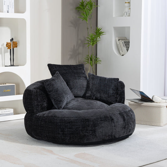 Divano singolo a sacco in ciniglia nero oversize da 42,52 pollici con tre cuscini per camera da letto
