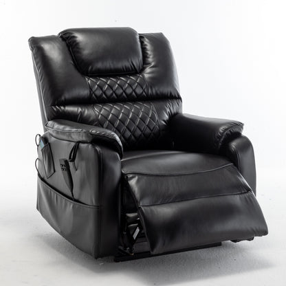Poltrona reclinabile elettrica oversize in pelle PU nera con massaggio, riscaldamento lombare, tasche laterali, posizione piatta a 180°