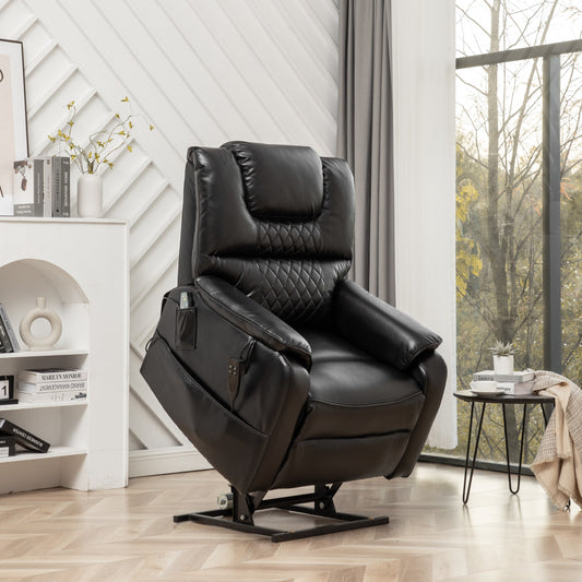 Poltrona reclinabile elettrica oversize in pelle PU nera con massaggio, riscaldamento lombare, tasche laterali, posizione piatta a 180°