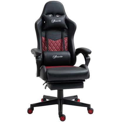 Poltrona reclinabile da gioco girevole a 360° in pelle PU nera con poggiapiedi, poggiatesta, supporto lombare e altezza regolabile