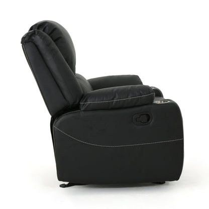 Poltrona reclinabile in similpelle nera con portabicchieri in acciaio, reclinazione senza sforzo e comfort lussuoso per il relax