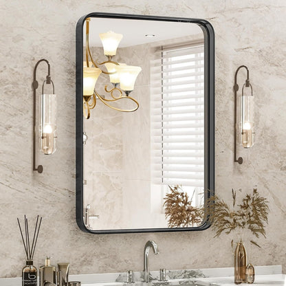Specchi da bagno rettangolari arrotondati con cornice in lega di alluminio nero, da appendere sopra il lavandino, orizzontalmente o verticalmente.