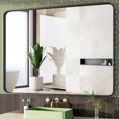 Specchi da bagno rettangolari arrotondati con cornice in lega di alluminio nero, da appendere sopra il lavandino, orizzontalmente o verticalmente.