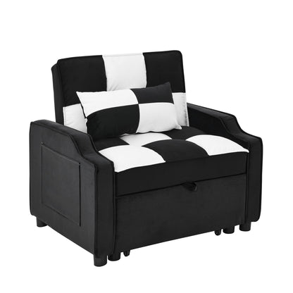 Divano letto singolo convertibile in velluto bianco nero da 35,5 pollici con letto estraibile, tasca portaoggetti e cuscini