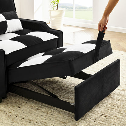 Divano letto singolo convertibile in velluto bianco e nero con letto estraibile
