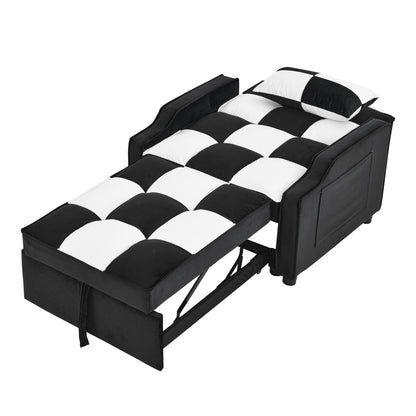 Divano letto singolo convertibile in velluto bianco e nero con letto estraibile