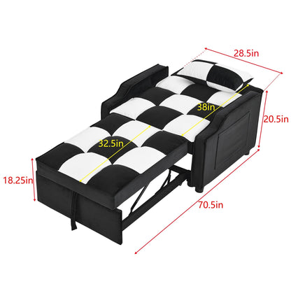 Divano letto singolo convertibile in velluto bianco e nero con letto estraibile