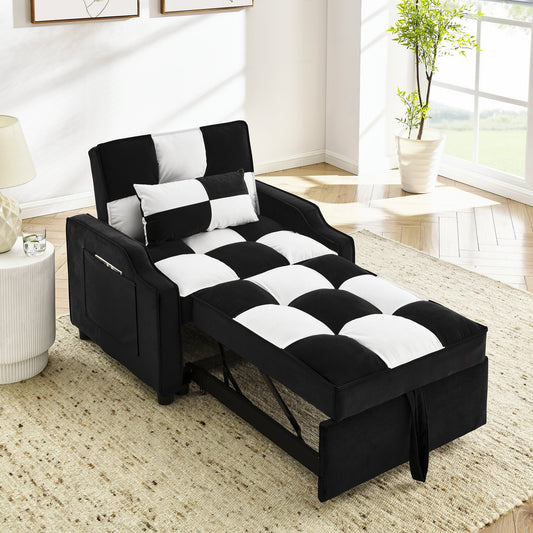 Divano letto singolo convertibile in velluto bianco e nero con letto estraibile