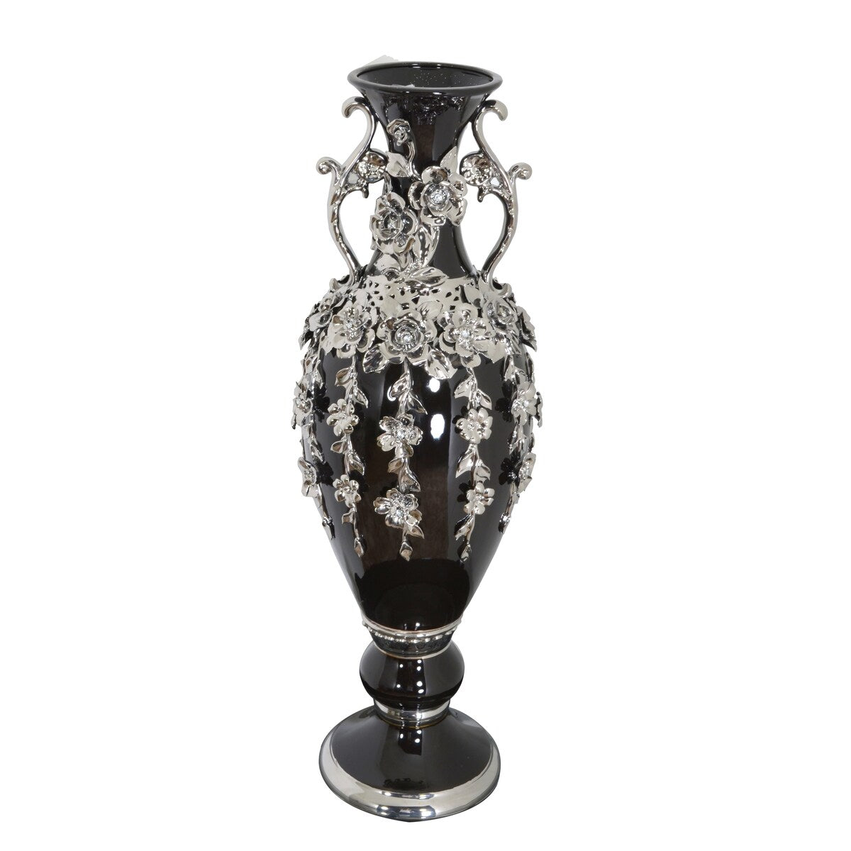 Splendido vaso con fioriera nera e argento, alto 35 pollici