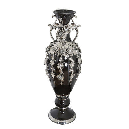 Splendido vaso con fioriera nera e argento, alto 35 pollici