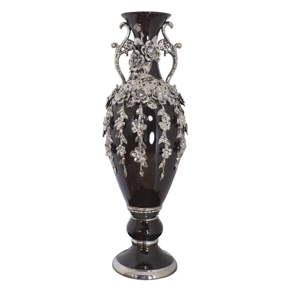 Splendido vaso con fioriera nera e argento, alto 35 pollici