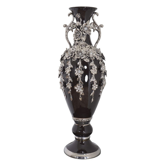 Splendido vaso con fioriera nera e argento, alto 35 pollici