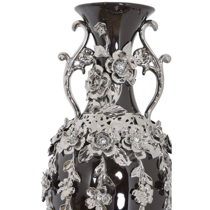 Splendido vaso con fioriera nera e argento, alto 35 pollici