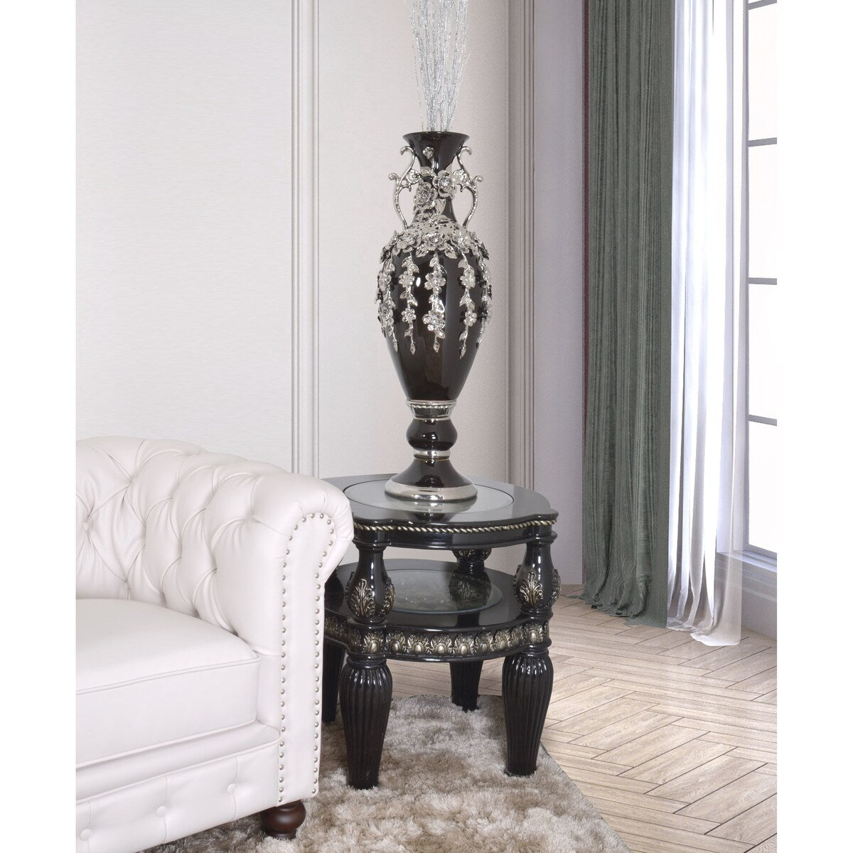 Splendido vaso con fioriera nera e argento, alto 35 pollici