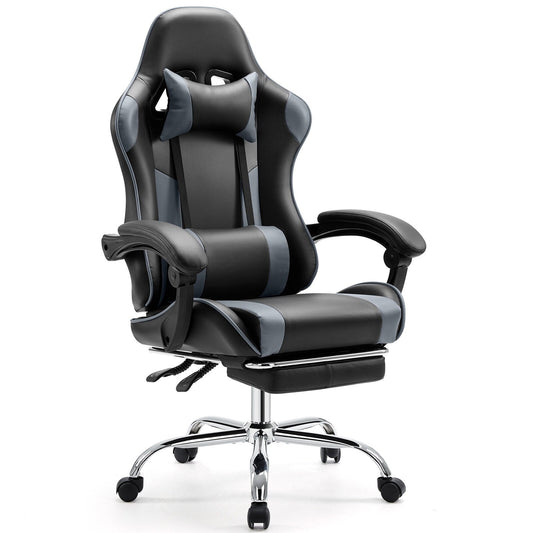 Poltrona reclinabile da gioco ergonomica in pelle PU nera e grigia, girevole a 360°, con poggiapiedi, poggiatesta, supporto lombare, altezza regolabile
