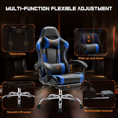 Poltrona reclinabile da gioco ergonomica in pelle PU nera e blu con poggiapiedi, poggiatesta, supporto lombare e altezza regolabile, girevole a 360°