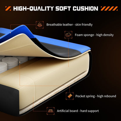 Poltrona reclinabile da gioco ergonomica in pelle PU nera e blu con poggiapiedi, poggiatesta, supporto lombare e altezza regolabile, girevole a 360°
