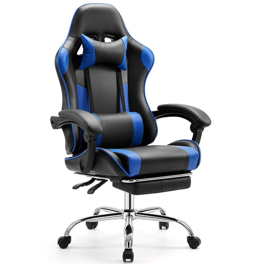 Poltrona reclinabile da gioco ergonomica in pelle PU nera e blu con poggiapiedi, poggiatesta, supporto lombare e altezza regolabile, girevole a 360°