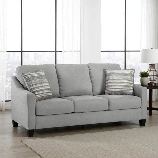 Divano Blaire, poliestere grigio, 2 cuscini decorativi, legno nero, 80 pollici