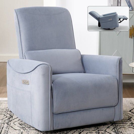 Poltrona reclinabile elettrica girevole a 270° blu con cuscini lombari, 2 tasche laterali, porte USB e Type-C