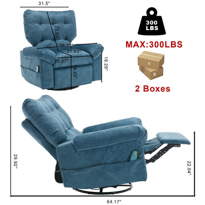 Poltrona reclinabile girevole a 360° blu con massaggio vibrante, riscaldamento lombare, tasche laterali