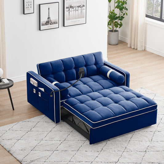 Divano letto convertibile in velluto blu da 55'' a 2 posti con letto estraibile, poltrona reclinabile regolabile, tasche laterali e porta telefono