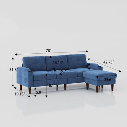 Divano trasformabile a 3 posti in tessuto a forma di L blu da 78'' con mobiletto portaoggetti, porte USB e portabicchieri