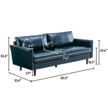 Divano blu in similpelle da 80'' di metà secolo con cuscini imbottiti, struttura in legno massello e schienale rimovibile