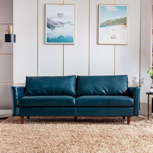Divano blu in similpelle da 80'' di metà secolo con cuscini imbottiti, struttura in legno massello e schienale rimovibile
