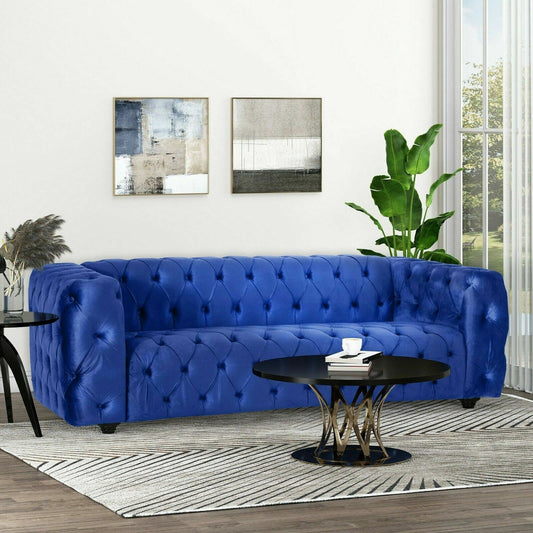 Divano a 3 posti in velluto blu da 83,5'' con schienale trapuntato a bottoni, gambe in legno massello vintage, braccioli larghi per soggiorno e studio