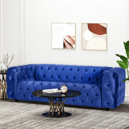 Divano a 3 posti in velluto blu da 83,5'' con schienale trapuntato a bottoni, gambe vintage