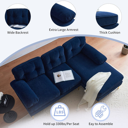 Divano componibile a 3 posti a L in velluto blu da 83'' con schienali mobili e gambe in metallo