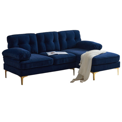 Divano a 3 posti a L in velluto blu da 83'' con schienale staccabile, cuscini in morbida schiuma, gambe in metallo e braccioli