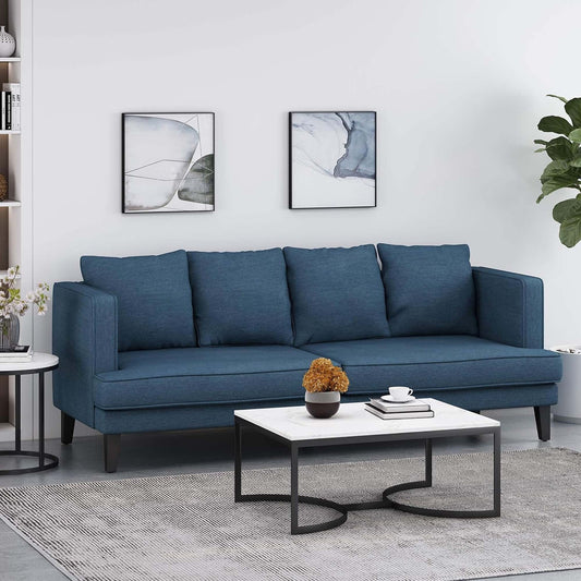 Divano a 3 posti in poliestere blu da 86'' con schienale trapuntato, gambe in legno massello, supporto a molle insacchettate per uno stile di vita moderno