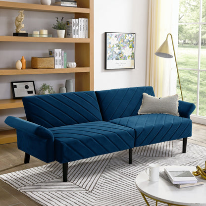 Divano letto futon convertibile in velluto blu 87 con braccioli regolabili per soggiorno