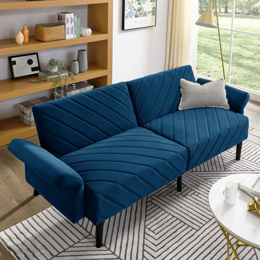 Divano letto futon convertibile in velluto blu 87 con braccioli regolabili per soggiorno