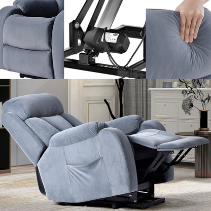 Poltrona reclinabile elettrica in tessuto antiscivolo blu per anziani, con telecomando, design morbido e tasca portaoggetti laterale