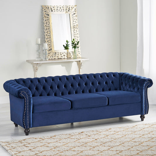 Divano Chesterfield blu 84.75 imbottito con bottoni, 3 posti, borchie e gambe in legno