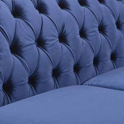 Divano Chesterfield blu 84.75 imbottito con bottoni, 3 posti, borchie e gambe in legno
