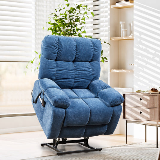 Poltrona reclinabile Blue EPower Lift con doppi motori OKIN, reclinazione infinita, massaggio con airbag, riscaldamento, porte USB, 2 tasche laterali