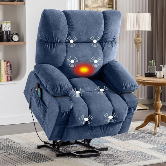 Poltrona reclinabile elettrica blu con riscaldamento, massaggio, infinite possibilità di reclinazione, porte USB e tasche laterali