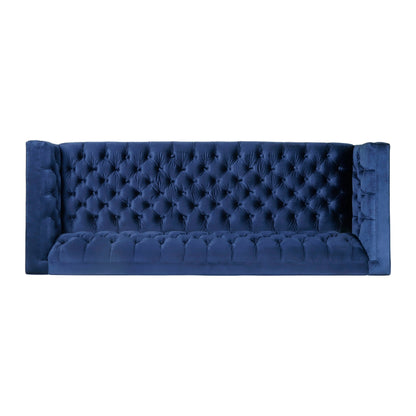 Divano a 3 posti imbottito con bottoni in similpelle blu e gambe in ferro a forma di T