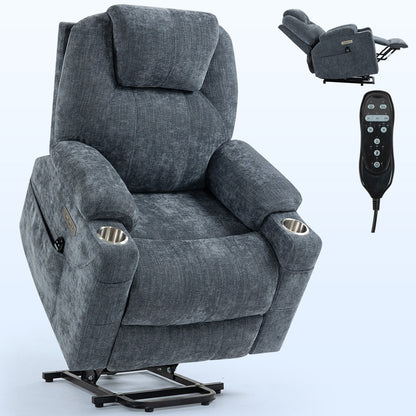 Poltrona reclinabile Blue Lift con massaggio a 8 punti, riscaldamento lombare, doppie porte USB e portabicchieri in acciaio inossidabile