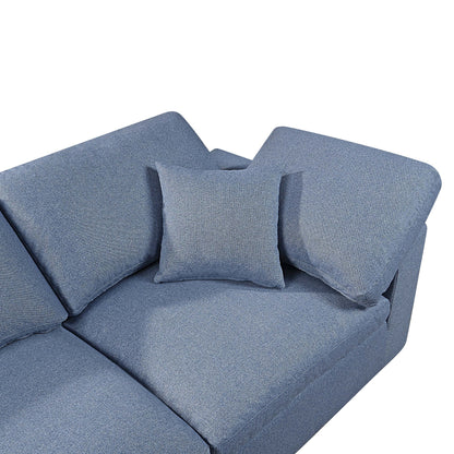 Divano componibile modulare a 4 posti in lino blu con cuscini