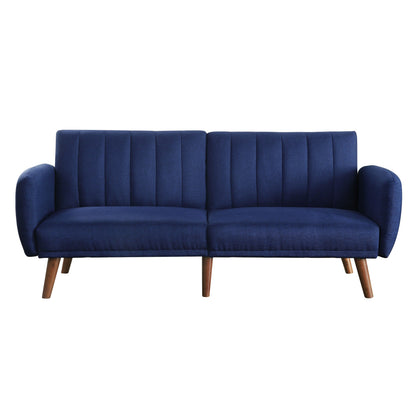 Divano letto trasformabile in lino blu con gambe in legno