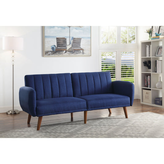 Divano letto trasformabile in lino blu con gambe in legno