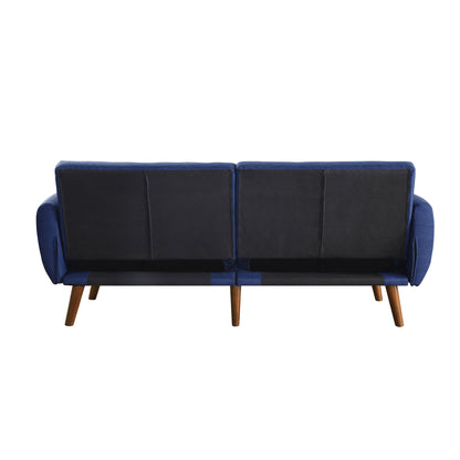 Divano letto trasformabile in lino blu con gambe in legno