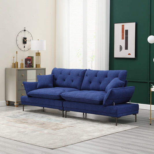 Divano a due posti in lino blu con braccioli regolabili