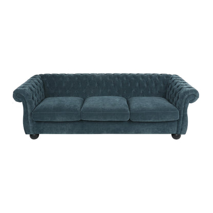 Divano moderno blu 83.25 con bottoni, trapuntato, a 3 posti, con gambe in legno per soggiorno
